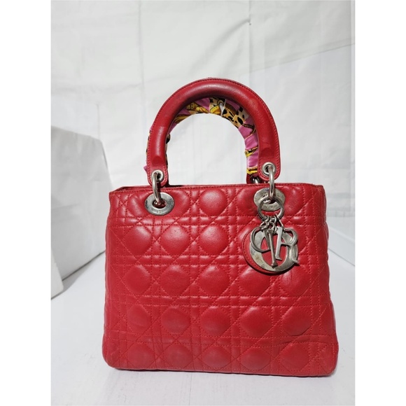 Authentic CHRISTIAN DIOR Lambskin Cannage Medium Lady Dior Red - Picture 1 of 16